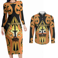 Personalised New Zealand Te Tairawhiti Couples Matching Long Sleeve Bodycon Dress and Long Sleeve Button Shirt Maori Koru Pattern LT05 Orange - Polynesian Pride