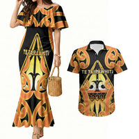 Personalised New Zealand Te Tairawhiti Couples Matching Mermaid Dress and Hawaiian Shirt Maori Koru Pattern LT05 Orange - Polynesian Pride
