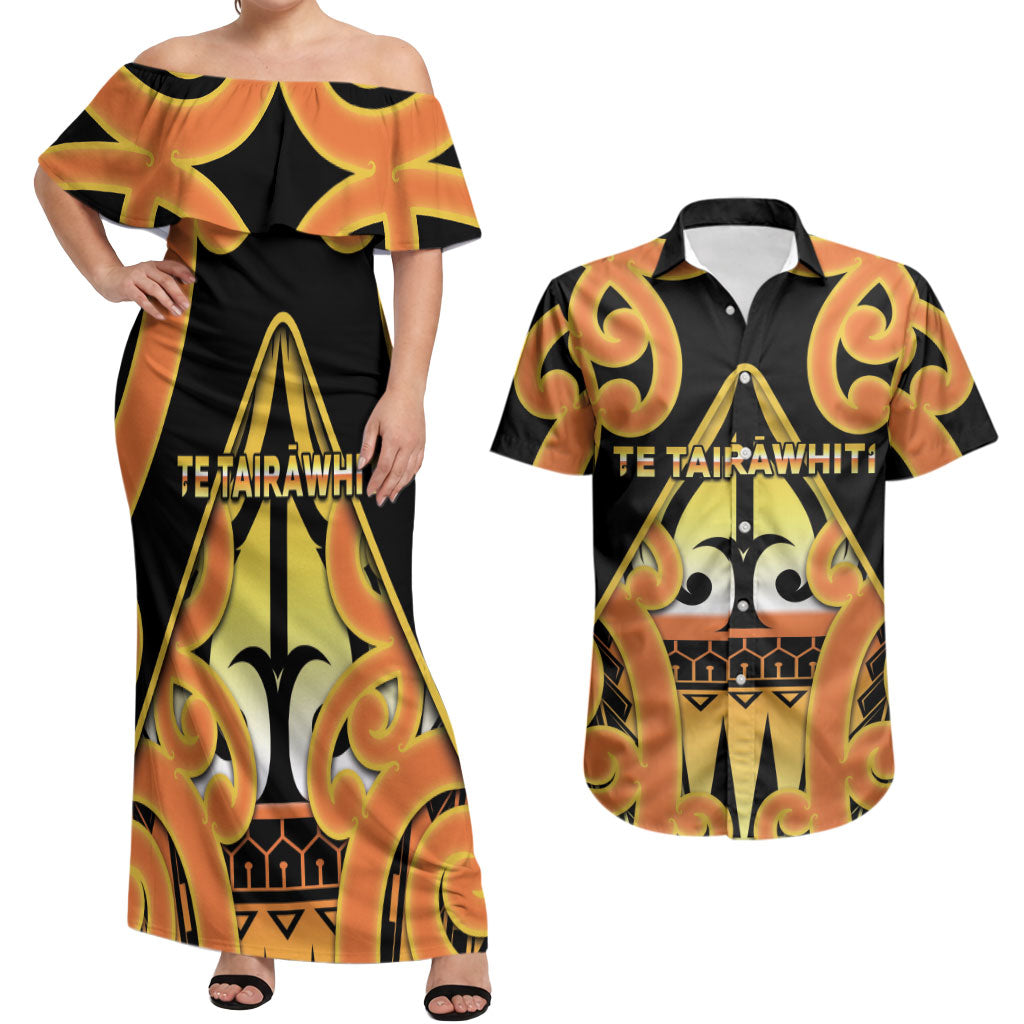 Personalised New Zealand Te Tairawhiti Couples Matching Off Shoulder Maxi Dress and Hawaiian Shirt Maori Koru Pattern LT05 Orange - Polynesian Pride