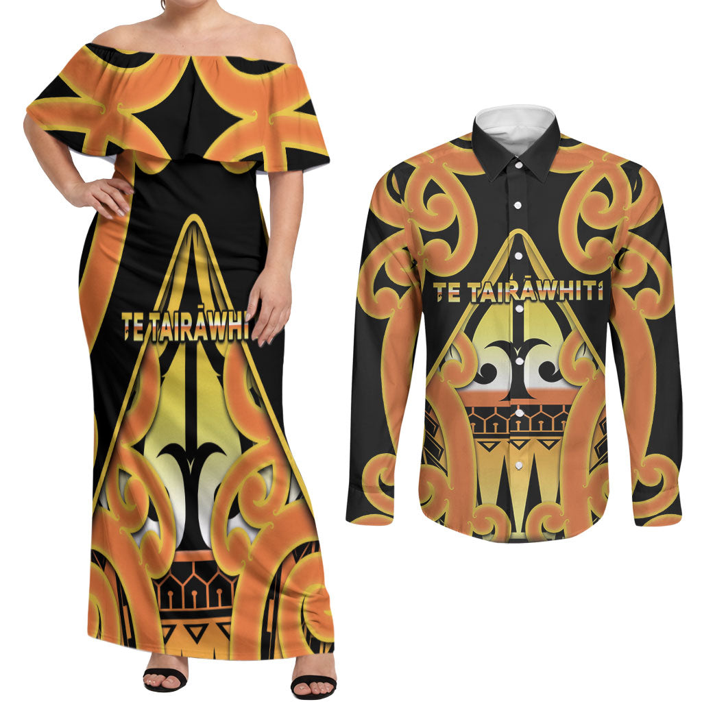 Personalised New Zealand Te Tairawhiti Couples Matching Off Shoulder Maxi Dress and Long Sleeve Button Shirt Maori Koru Pattern LT05 Orange - Polynesian Pride