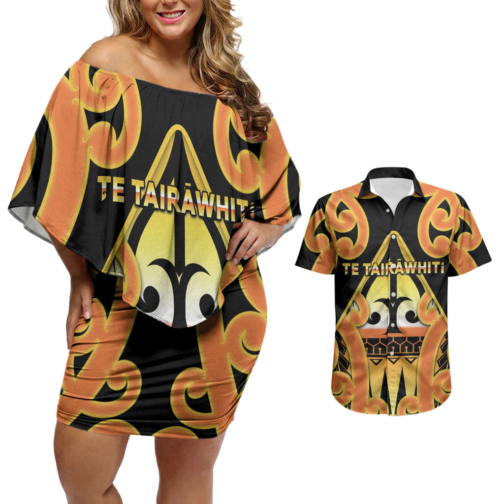 Personalised New Zealand Te Tairawhiti Couples Matching Off Shoulder Short Dress and Hawaiian Shirt Maori Koru Pattern LT05 Orange - Polynesian Pride