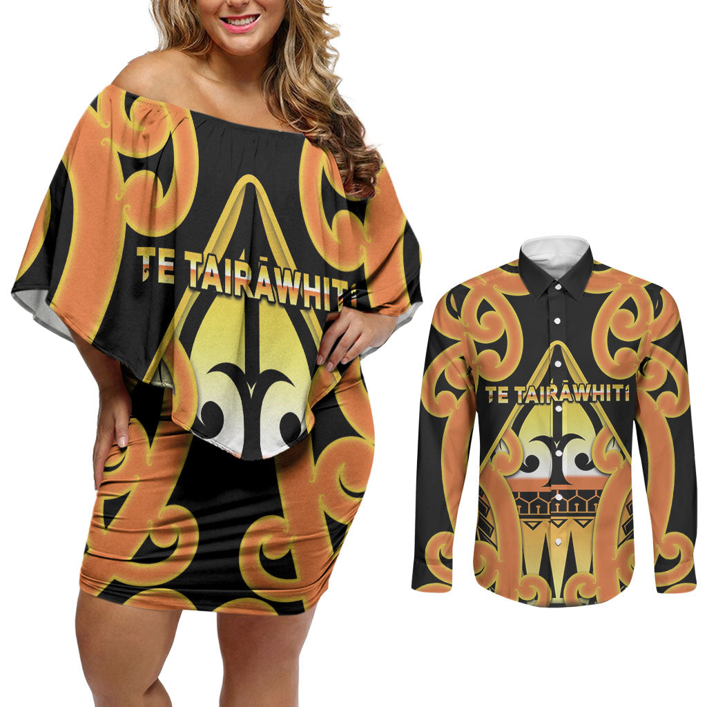 Personalised New Zealand Te Tairawhiti Couples Matching Off Shoulder Short Dress and Long Sleeve Button Shirt Maori Koru Pattern LT05 Orange - Polynesian Pride