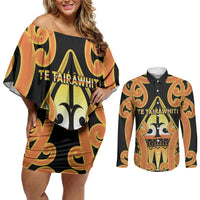Personalised New Zealand Te Tairawhiti Couples Matching Off Shoulder Short Dress and Long Sleeve Button Shirt Maori Koru Pattern LT05 Orange - Polynesian Pride