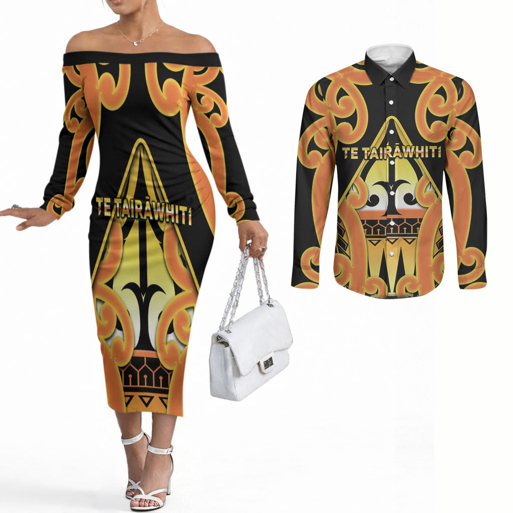 Personalised New Zealand Te Tairawhiti Couples Matching Off The Shoulder Long Sleeve Dress and Long Sleeve Button Shirt Maori Koru Pattern LT05 Orange - Polynesian Pride