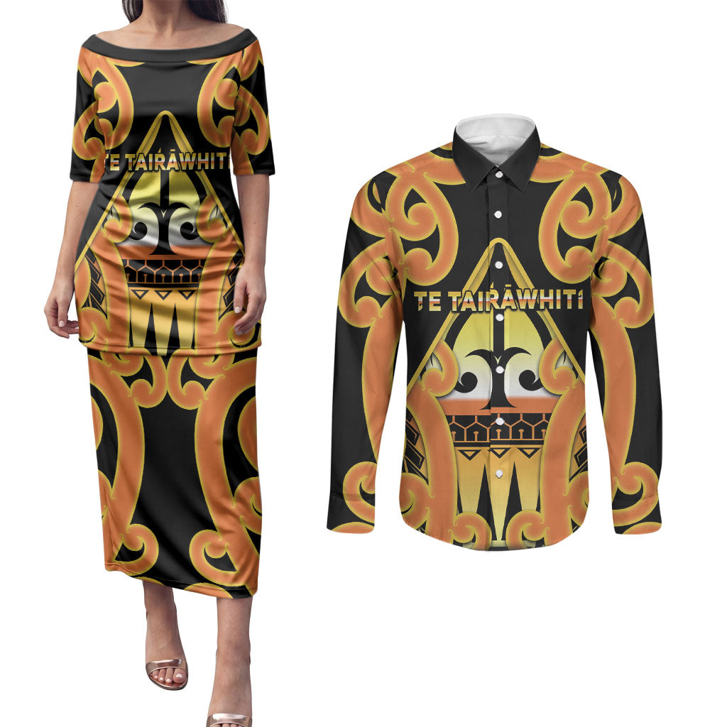 Personalised New Zealand Te Tairawhiti Couples Matching Puletasi and Long Sleeve Button Shirt Maori Koru Pattern LT05 Orange - Polynesian Pride
