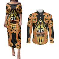 Personalised New Zealand Te Tairawhiti Couples Matching Puletasi and Long Sleeve Button Shirt Maori Koru Pattern LT05 Orange - Polynesian Pride