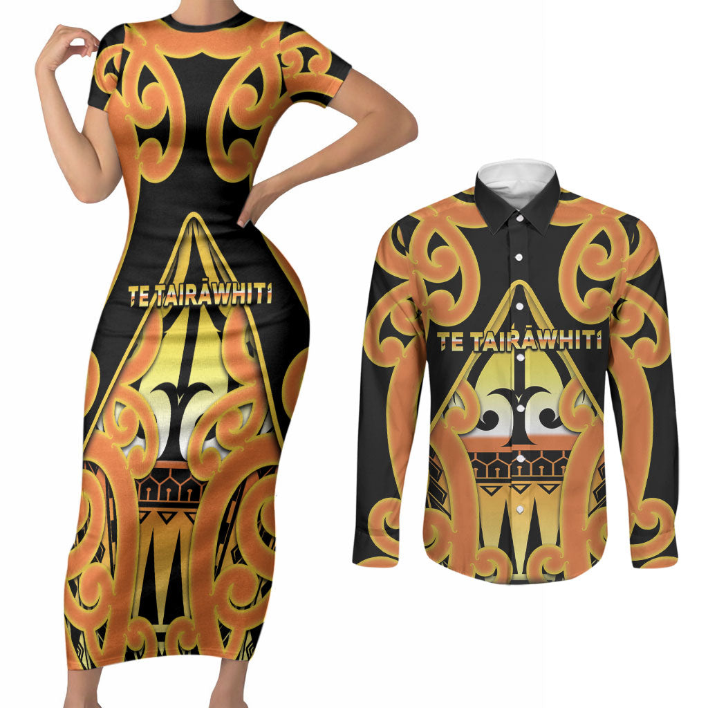 Personalised New Zealand Te Tairawhiti Couples Matching Short Sleeve Bodycon Dress and Long Sleeve Button Shirt Maori Koru Pattern LT05 Orange - Polynesian Pride