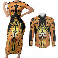 Personalised New Zealand Te Tairawhiti Couples Matching Short Sleeve Bodycon Dress and Long Sleeve Button Shirt Maori Koru Pattern LT05 Orange - Polynesian Pride
