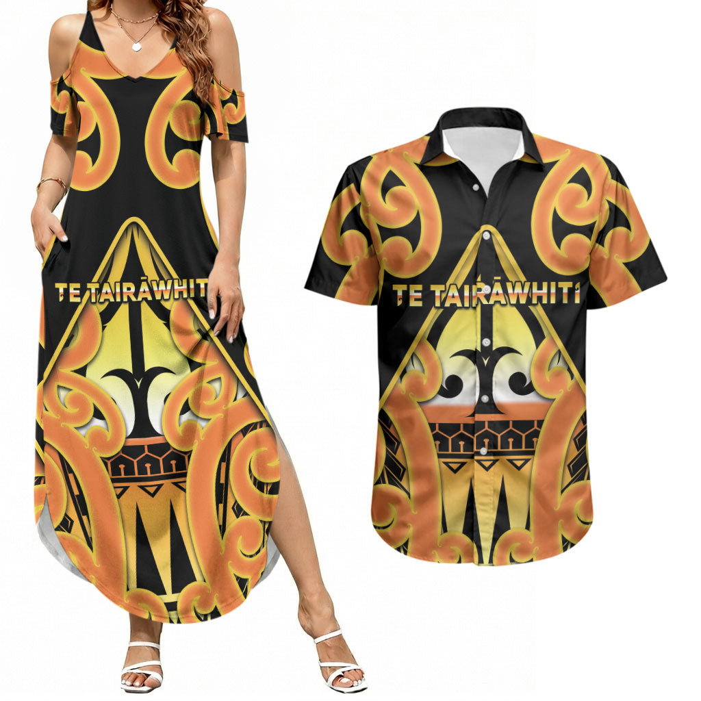 Personalised New Zealand Te Tairawhiti Couples Matching Summer Maxi Dress and Hawaiian Shirt Maori Koru Pattern LT05 Orange - Polynesian Pride