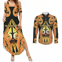 Personalised New Zealand Te Tairawhiti Couples Matching Summer Maxi Dress and Long Sleeve Button Shirt Maori Koru Pattern LT05 Orange - Polynesian Pride