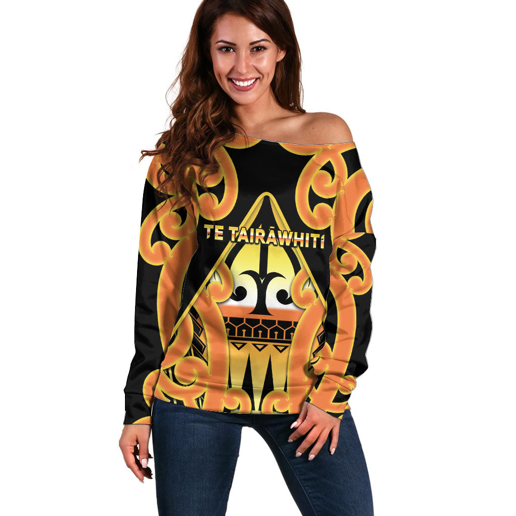 Personalised New Zealand Te Tairawhiti Off Shoulder Sweater Maori Koru Pattern LT05 Women Orange - Polynesian Pride