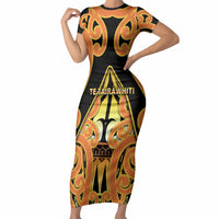 Personalised New Zealand Te Tairawhiti Short Sleeve Bodycon Dress Maori Koru Pattern LT05 Long Dress Orange - Polynesian Pride