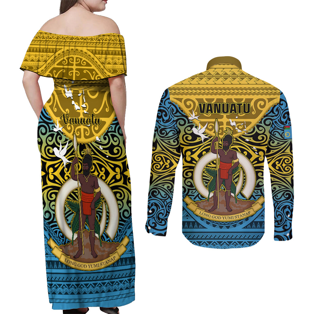 Vanuatu Sanma Province Couples Matching Off Shoulder Maxi Dress and Long Sleeve Button Shirts Coat Of Arms And Namele Fern Polynesian Pattern LT05 - Polynesian Pride