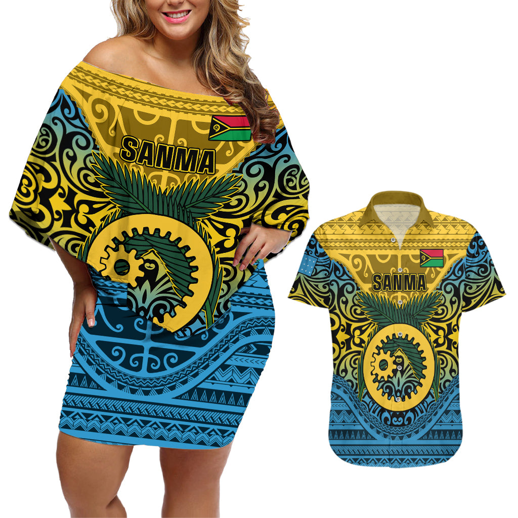Vanuatu Sanma Province Couples Matching Off Shoulder Short Dress and Hawaiian Shirt Coat Of Arms And Namele Fern Polynesian Pattern LT05 Yellow - Polynesian Pride