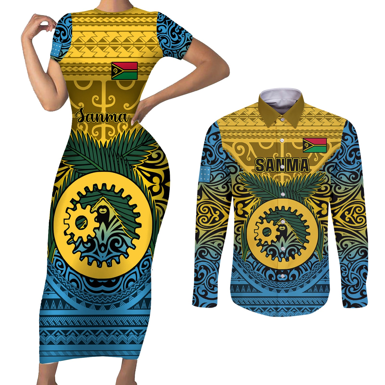 Vanuatu Sanma Province Couples Matching Short Sleeve Bodycon Dress and Long Sleeve Button Shirts Coat Of Arms And Namele Fern Polynesian Pattern LT05 Yellow - Polynesian Pride