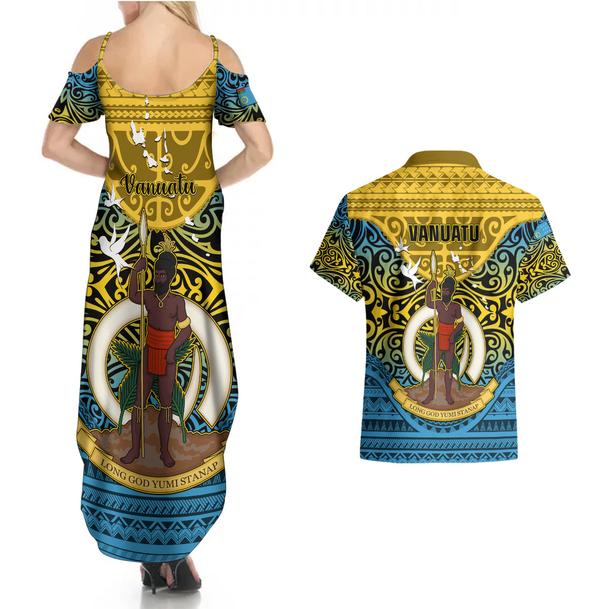 Vanuatu Sanma Province Couples Matching Summer Maxi Dress and Hawaiian Shirt Coat Of Arms And Namele Fern Polynesian Pattern LT05 - Polynesian Pride
