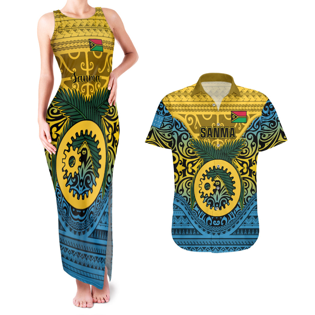 Vanuatu Sanma Province Couples Matching Tank Maxi Dress and Hawaiian Shirt Coat Of Arms And Namele Fern Polynesian Pattern LT05 Yellow - Polynesian Pride