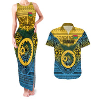 Vanuatu Sanma Province Couples Matching Tank Maxi Dress and Hawaiian Shirt Coat Of Arms And Namele Fern Polynesian Pattern LT05 Yellow - Polynesian Pride