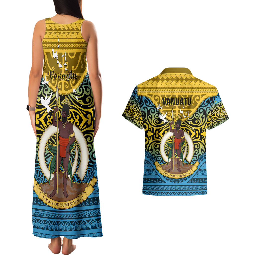 Vanuatu Sanma Province Couples Matching Tank Maxi Dress and Hawaiian Shirt Coat Of Arms And Namele Fern Polynesian Pattern LT05 - Polynesian Pride