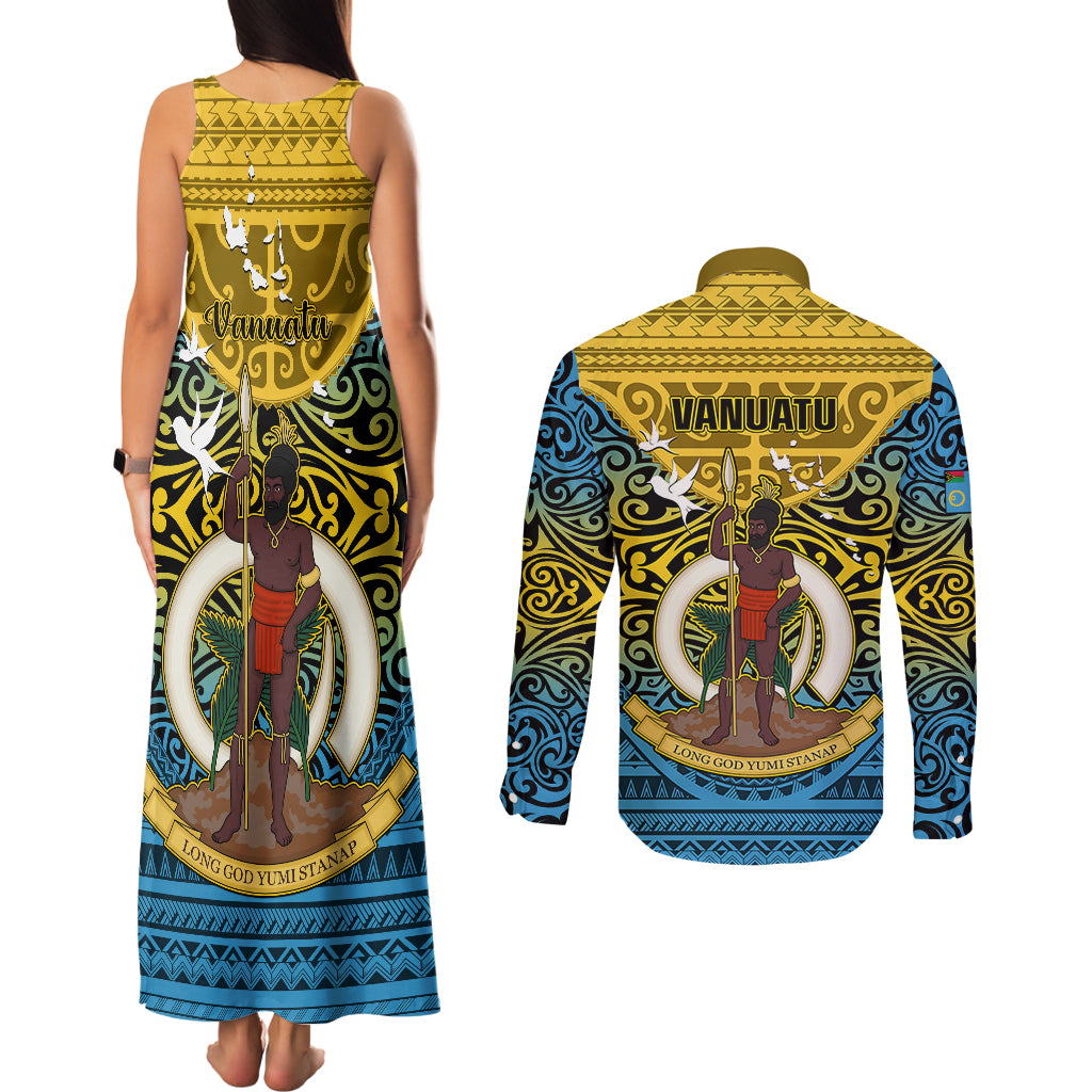 Vanuatu Sanma Province Couples Matching Tank Maxi Dress and Long Sleeve Button Shirts Coat Of Arms And Namele Fern Polynesian Pattern LT05 - Polynesian Pride