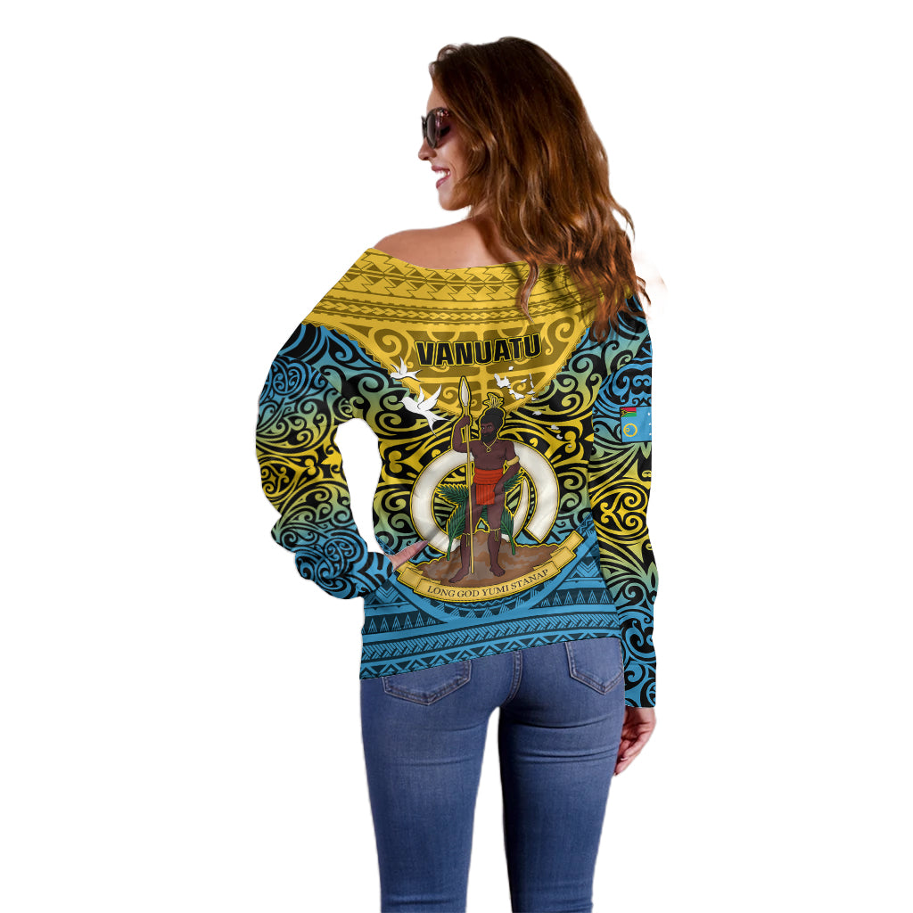 Vanuatu Sanma Province Off Shoulder Sweater Coat Of Arms And Namele Fern Polynesian Pattern LT05 - Polynesian Pride