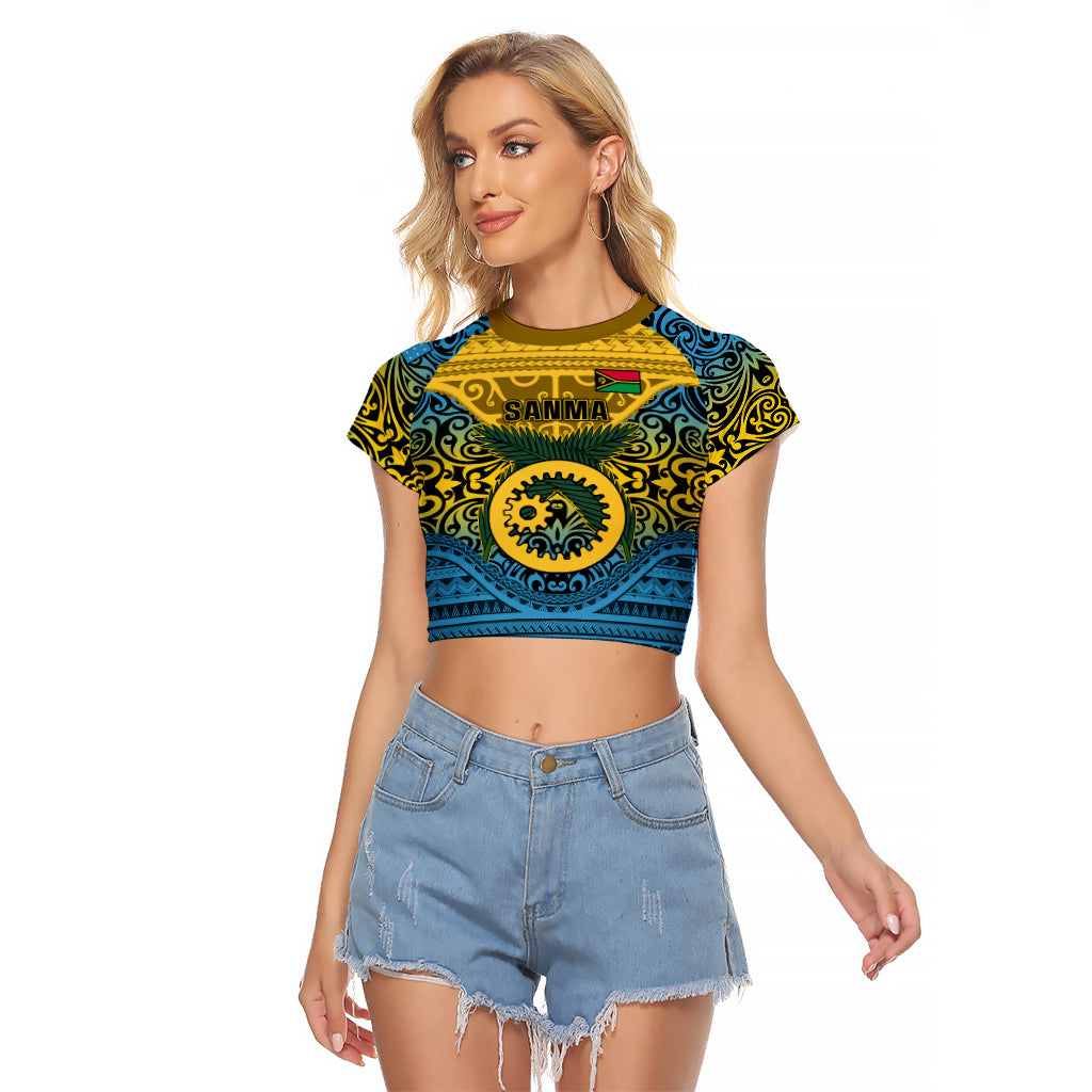 Vanuatu Sanma Province Raglan Cropped T Shirt Coat Of Arms And Namele Fern Polynesian Pattern LT05 Female Yellow - Polynesian Pride