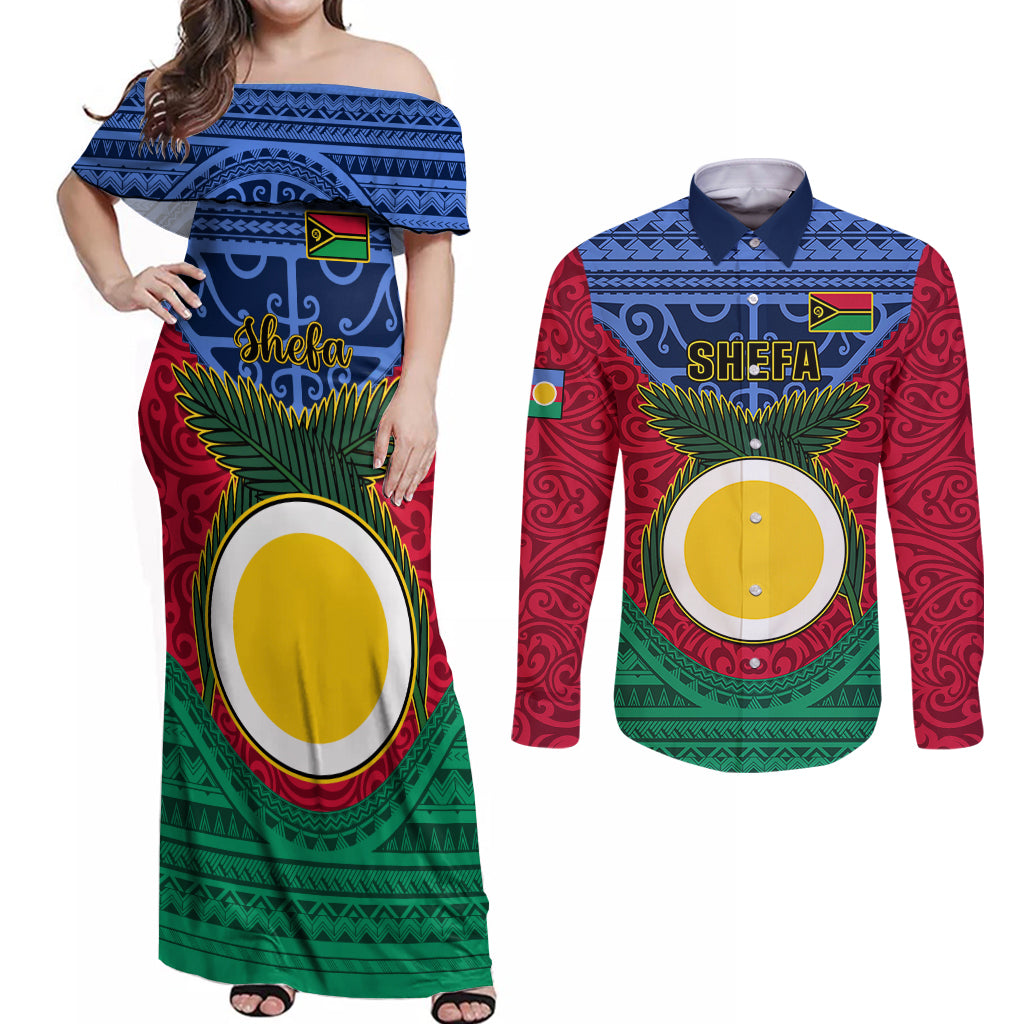 Vanuatu Shefa Province Couples Matching Off Shoulder Maxi Dress and Long Sleeve Button Shirts Coat Of Arms And Namele Fern Polynesian Pattern LT05 Red - Polynesian Pride