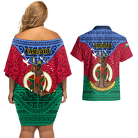 Vanuatu Shefa Province Couples Matching Off Shoulder Short Dress and Hawaiian Shirt Coat Of Arms And Namele Fern Polynesian Pattern LT05 - Polynesian Pride