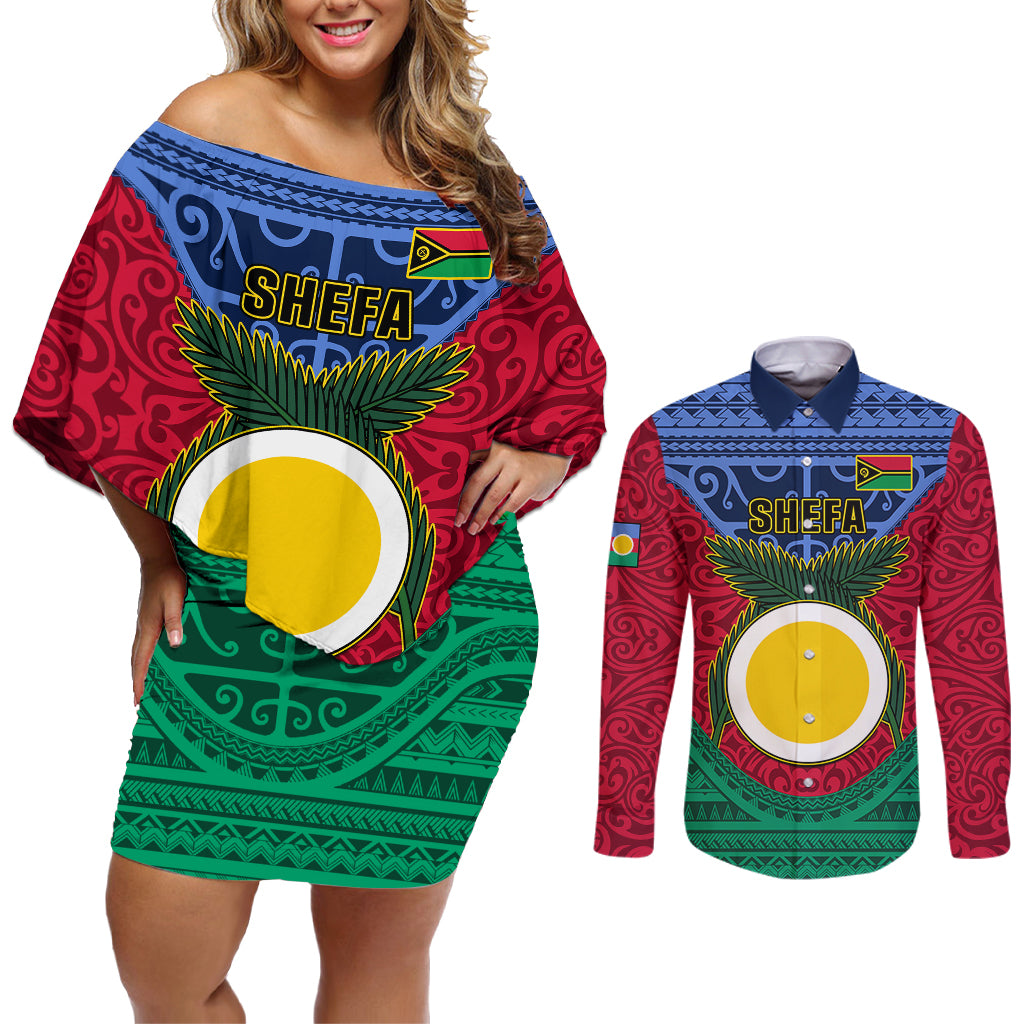Vanuatu Shefa Province Couples Matching Off Shoulder Short Dress and Long Sleeve Button Shirts Coat Of Arms And Namele Fern Polynesian Pattern LT05 Red - Polynesian Pride
