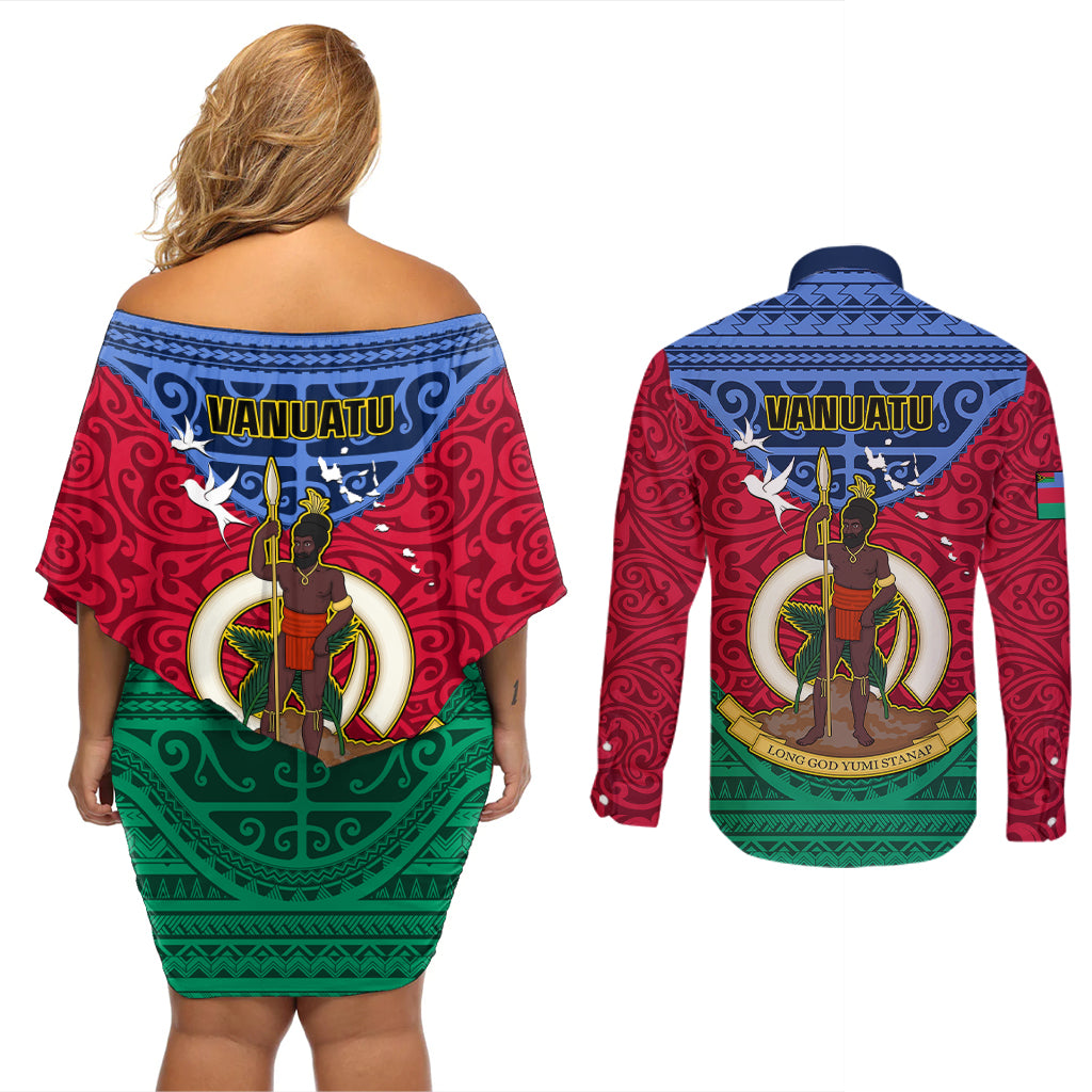 Vanuatu Shefa Province Couples Matching Off Shoulder Short Dress and Long Sleeve Button Shirts Coat Of Arms And Namele Fern Polynesian Pattern LT05 - Polynesian Pride