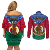 Vanuatu Shefa Province Couples Matching Off Shoulder Short Dress and Long Sleeve Button Shirts Coat Of Arms And Namele Fern Polynesian Pattern LT05 - Polynesian Pride