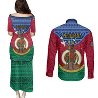 Vanuatu Shefa Province Couples Matching Puletasi Dress and Long Sleeve Button Shirts Coat Of Arms And Namele Fern Polynesian Pattern LT05 - Polynesian Pride