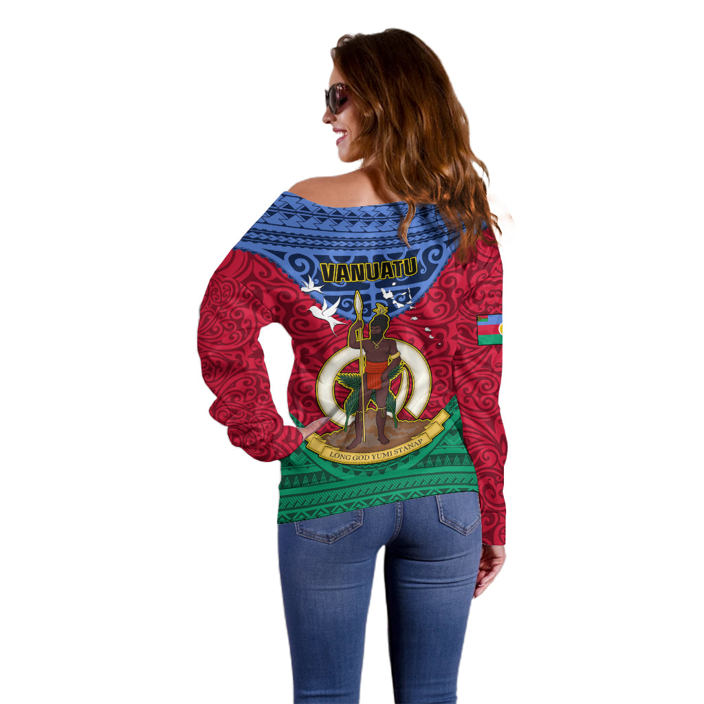 Vanuatu Shefa Province Off Shoulder Sweater Coat Of Arms And Namele Fern Polynesian Pattern LT05 - Polynesian Pride
