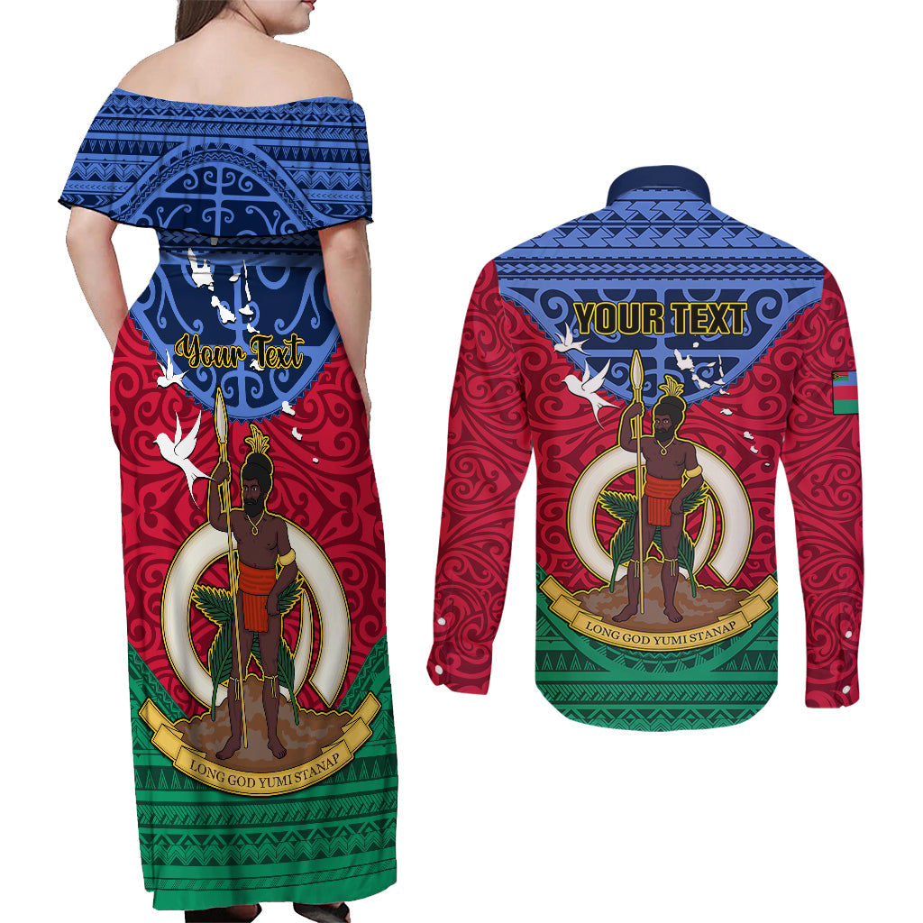Personalized Vanuatu Shefa Province Couples Matching Off Shoulder Maxi Dress and Long Sleeve Button Shirts Coat Of Arms And Namele Fern Polynesian Pattern LT05 - Polynesian Pride