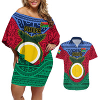 Personalized Vanuatu Shefa Province Couples Matching Off Shoulder Short Dress and Hawaiian Shirt Coat Of Arms And Namele Fern Polynesian Pattern LT05 Red - Polynesian Pride