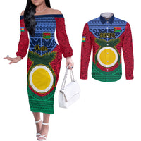Personalized Vanuatu Shefa Province Couples Matching Off The Shoulder Long Sleeve Dress and Long Sleeve Button Shirts Coat Of Arms And Namele Fern Polynesian Pattern LT05 Red - Polynesian Pride