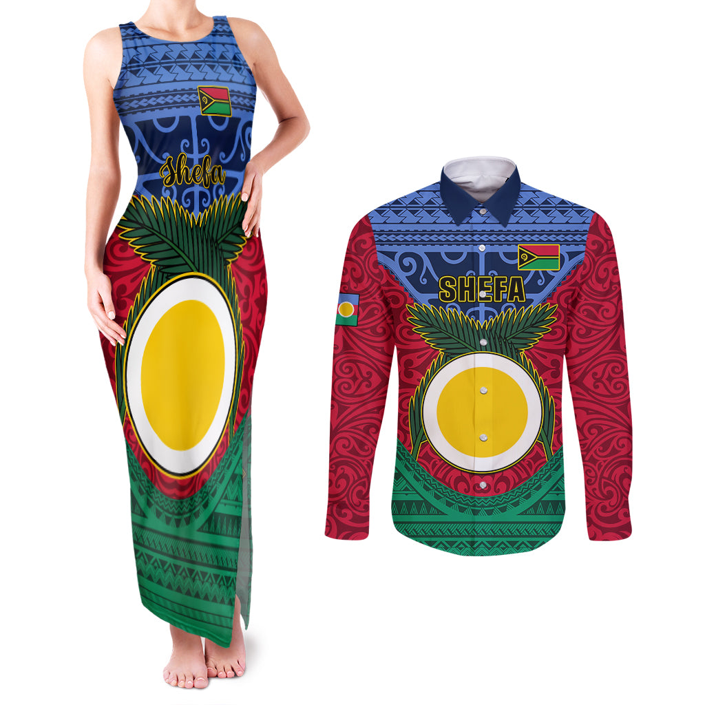 Personalized Vanuatu Shefa Province Couples Matching Tank Maxi Dress and Long Sleeve Button Shirts Coat Of Arms And Namele Fern Polynesian Pattern LT05 Red - Polynesian Pride