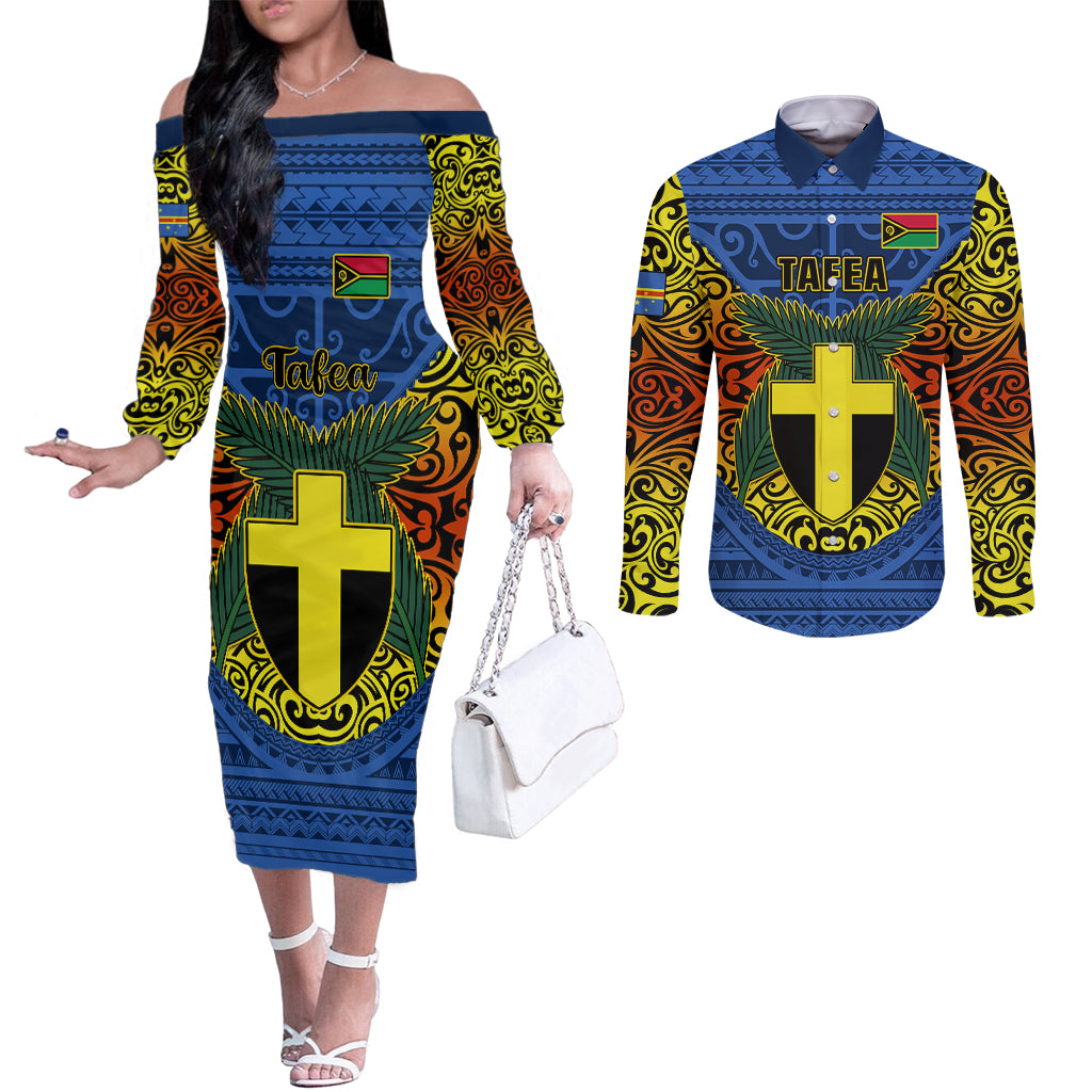Vanuatu Tafea Province Couples Matching Off The Shoulder Long Sleeve Dress and Long Sleeve Button Shirts Coat Of Arms And Namele Fern Polynesian Pattern LT05 Blue - Polynesian Pride