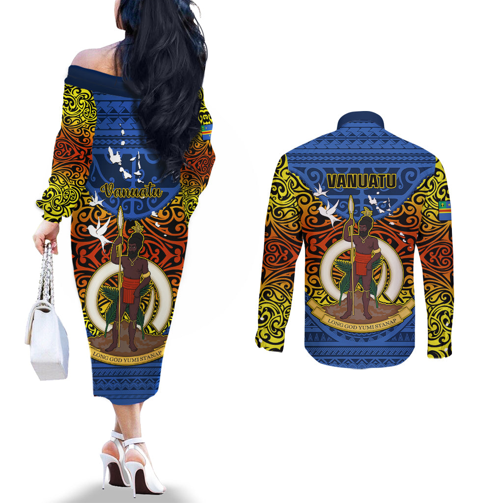 Vanuatu Tafea Province Couples Matching Off The Shoulder Long Sleeve Dress and Long Sleeve Button Shirts Coat Of Arms And Namele Fern Polynesian Pattern LT05 - Polynesian Pride
