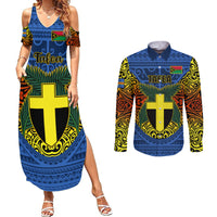 Vanuatu Tafea Province Couples Matching Summer Maxi Dress and Long Sleeve Button Shirts Coat Of Arms And Namele Fern Polynesian Pattern LT05 Blue - Polynesian Pride