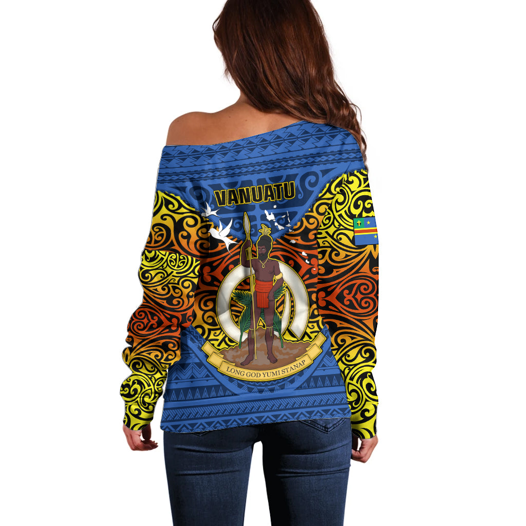 Vanuatu Tafea Province Off Shoulder Sweater Coat Of Arms And Namele Fern Polynesian Pattern LT05 - Polynesian Pride