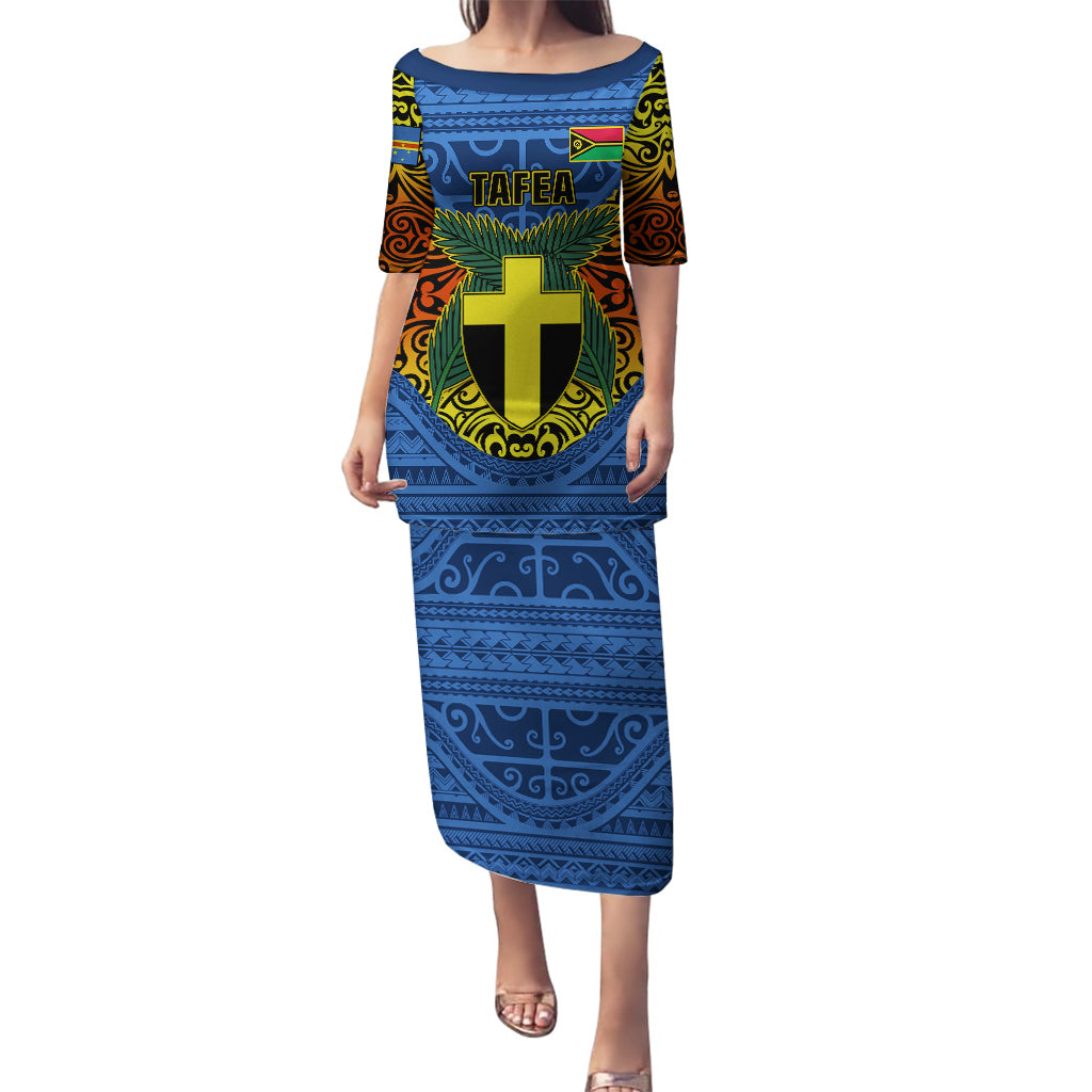 Vanuatu Tafea Province Puletasi Coat Of Arms And Namele Fern Polynesian Pattern LT05 Long Dress Blue - Polynesian Pride