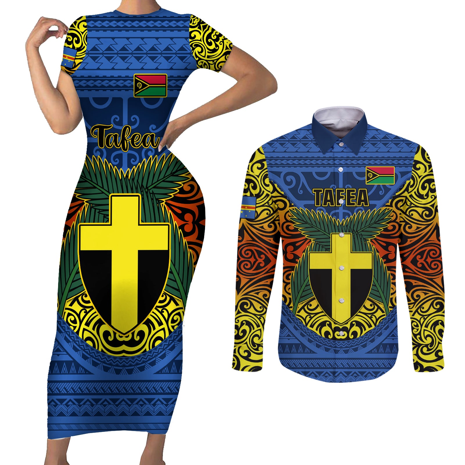 Personalized Vanuatu Tafea Province Couples Matching Short Sleeve Bodycon Dress and Long Sleeve Button Shirts Coat Of Arms And Namele Fern Polynesian Pattern LT05 Blue - Polynesian Pride