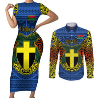 Personalized Vanuatu Tafea Province Couples Matching Short Sleeve Bodycon Dress and Long Sleeve Button Shirts Coat Of Arms And Namele Fern Polynesian Pattern LT05 Blue - Polynesian Pride