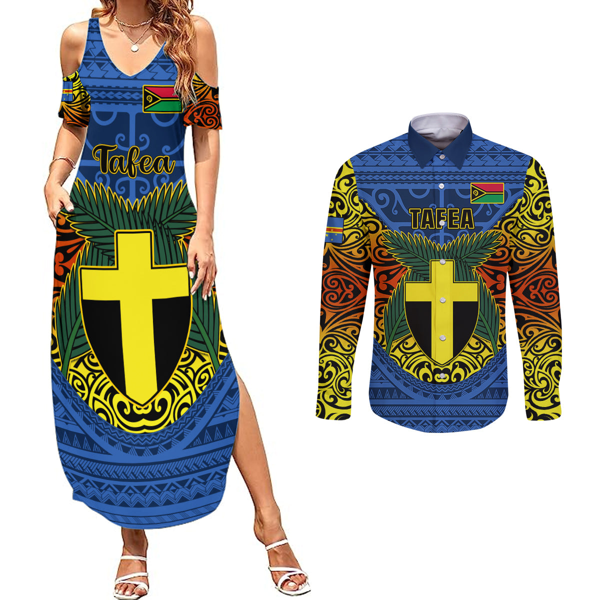 Personalized Vanuatu Tafea Province Couples Matching Summer Maxi Dress and Long Sleeve Button Shirts Coat Of Arms And Namele Fern Polynesian Pattern LT05 Blue - Polynesian Pride