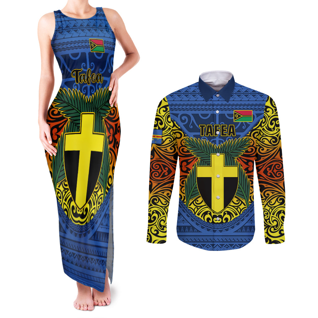 Personalized Vanuatu Tafea Province Couples Matching Tank Maxi Dress and Long Sleeve Button Shirts Coat Of Arms And Namele Fern Polynesian Pattern LT05 Blue - Polynesian Pride