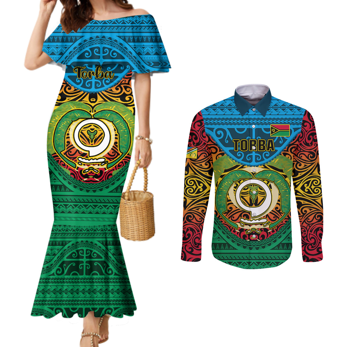 Vanuatu Torba Province Couples Matching Mermaid Dress and Long Sleeve Button Shirts Vanuatuan Coat Of Arms Polynesian Pattern LT05 Green - Polynesian Pride