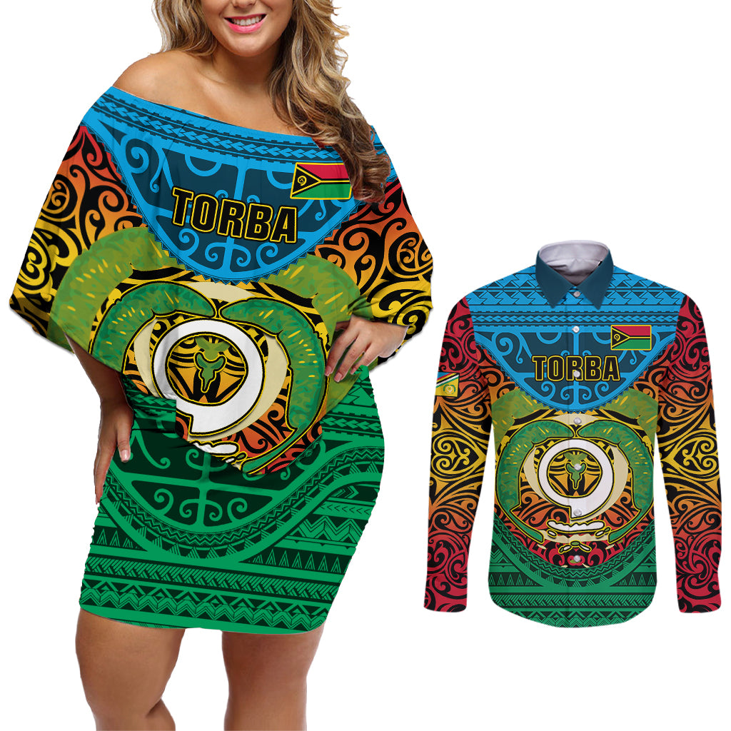 Vanuatu Torba Province Couples Matching Off Shoulder Short Dress and Long Sleeve Button Shirts Vanuatuan Coat Of Arms Polynesian Pattern LT05 Green - Polynesian Pride