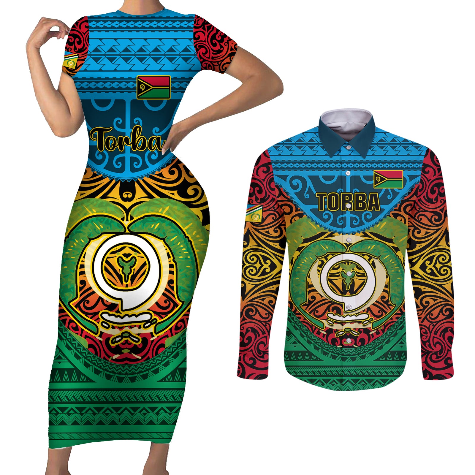 Vanuatu Torba Province Couples Matching Short Sleeve Bodycon Dress and Long Sleeve Button Shirts Vanuatuan Coat Of Arms Polynesian Pattern LT05 Green - Polynesian Pride