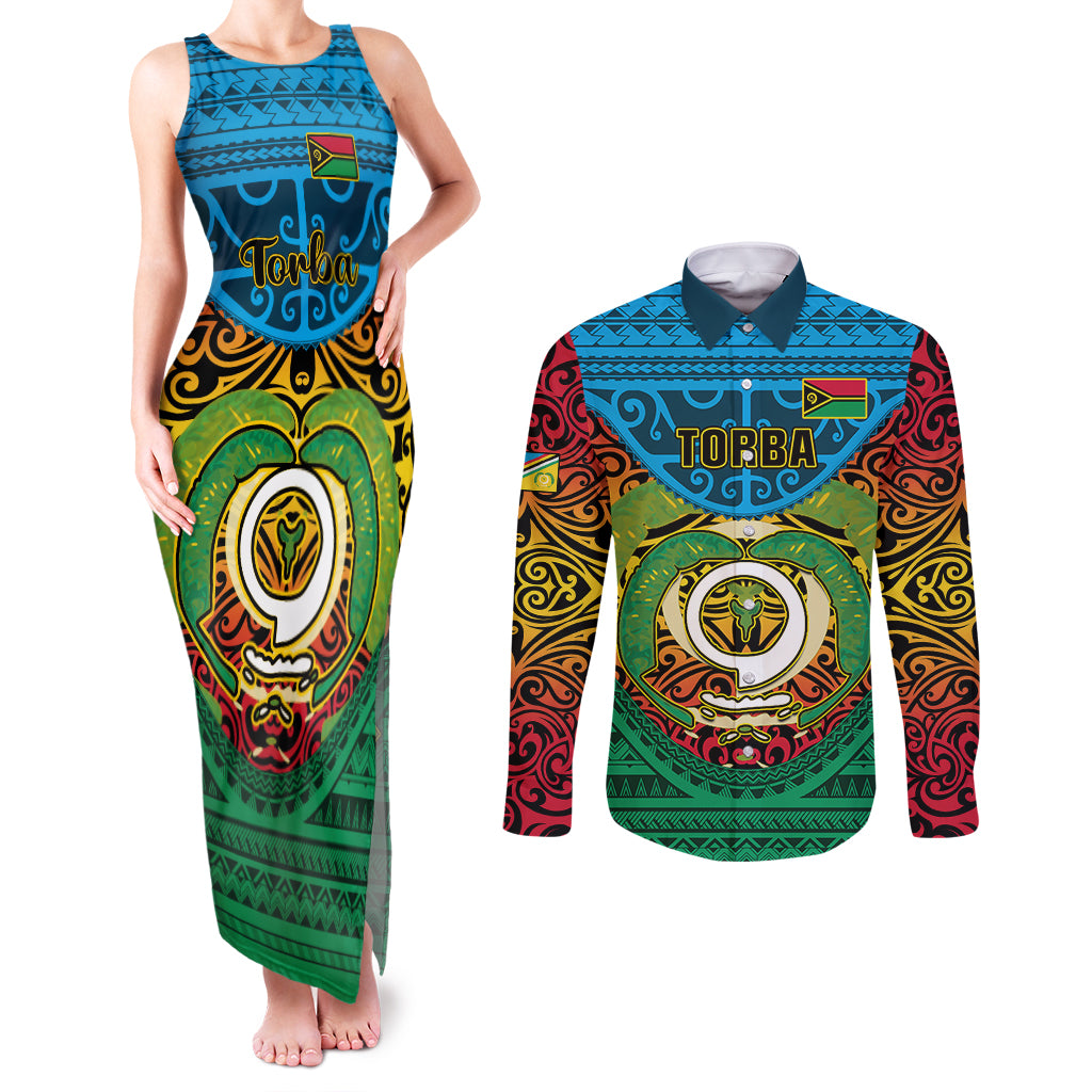 Vanuatu Torba Province Couples Matching Tank Maxi Dress and Long Sleeve Button Shirts Vanuatuan Coat Of Arms Polynesian Pattern LT05 Green - Polynesian Pride